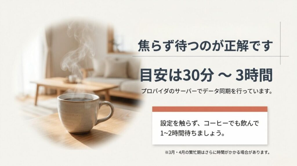 データ同期には30分から3時間程度の待機が必要であり、特に3月・4月の繁忙期はさらに時間がかかる場合があることを示すスライド。
