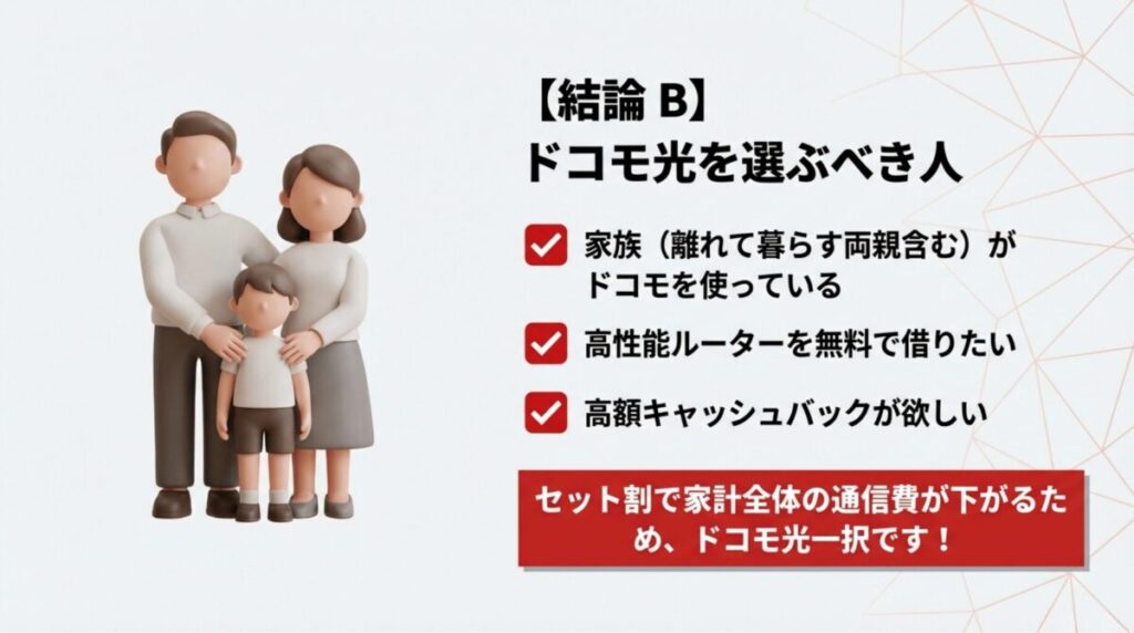 家族がドコモ利用、高額キャッシュバック希望など、ドコモ光が最適なケースのまとめ。