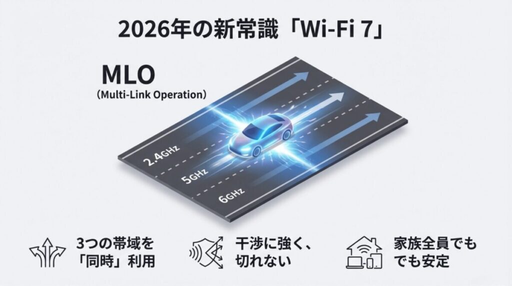 Wi-Fi 7の主要機能MLOの図解。2.4GHz/5GHz/6GHzの3つの帯域を同時利用し、干渉に強く家族全員で使っても安定する仕組み。