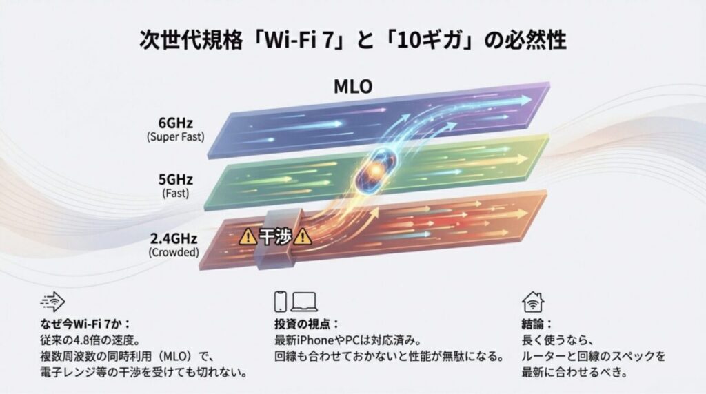 2.4GHz、5GHz、6GHzの複数周波数を同時利用（MLO）し、干渉を受けても途切れないWi-Fi 7の最新技術。
