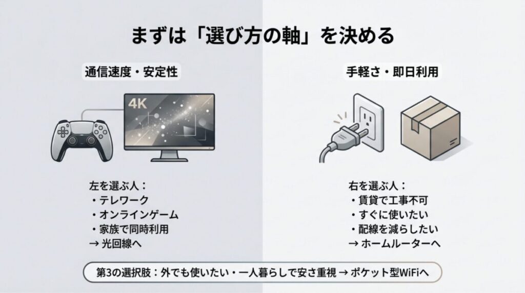 通信速度・安定性重視なら光回線、手軽さ・即日利用重視ならホームルーター、安さと機動力重視ならポケット型WiFiという選び方の基準を示す図解。