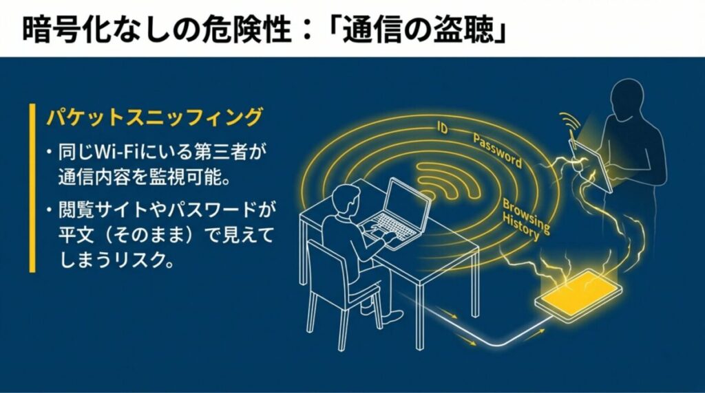 同一Wi-Fi上の第三者がパケットスニッフィングによってブラウジング履歴やパスワードを覗き見るリスクの図解。