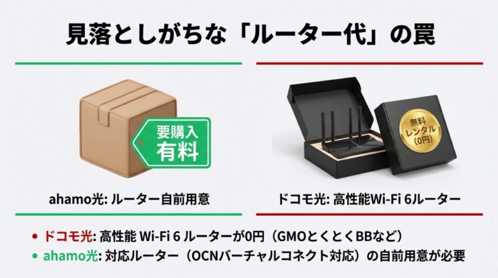 ahamo光はルーター自前用意が必要で、ドコモ光は高性能Wi-Fi 6ルーターが無料レンタルできることの比較。