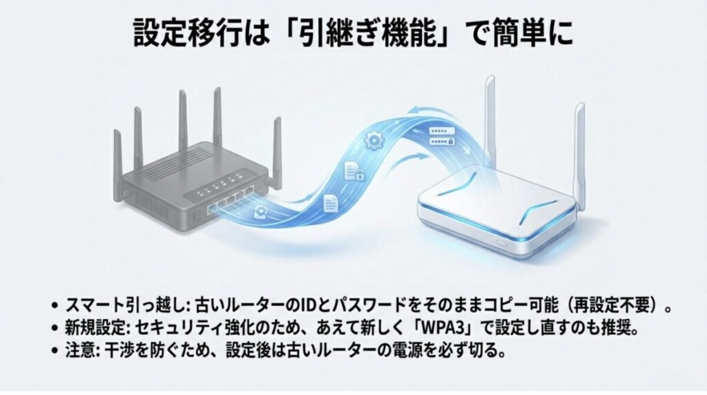 スマート引っ越し機能で古いルーターのIDとパスワードをコピー。再設定不要で移行可能