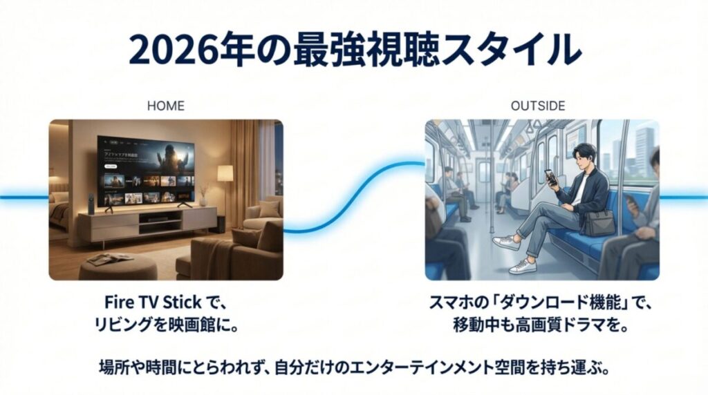 自宅のリビングは大画面で、移動中はスマホのダウンロード機能で楽しむ「最強視聴スタイル」の提案 。