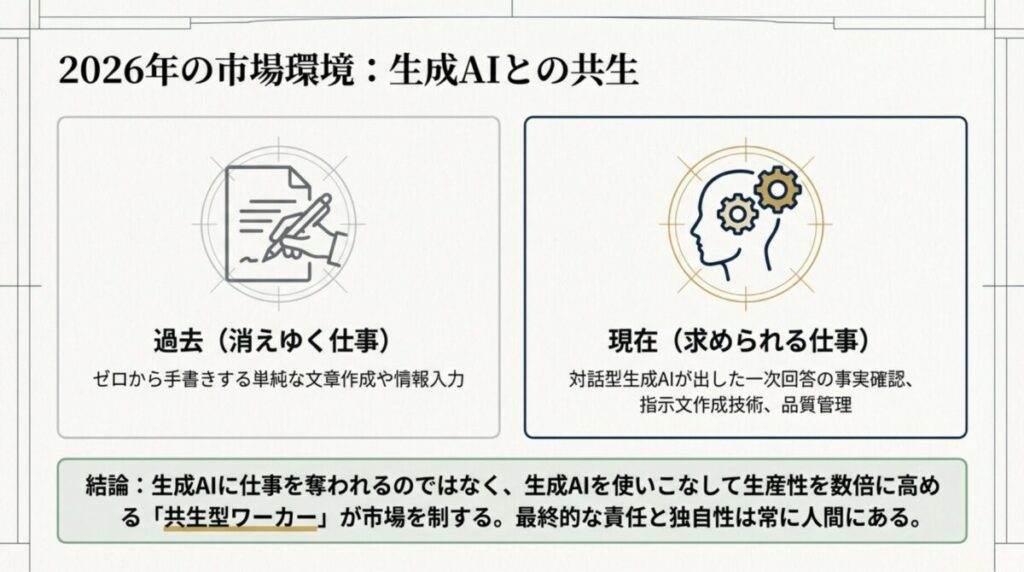 生成AI時代に消えゆく単純作業と、新たに求められるAI品質管理・指示文作成スキルの比較。共生型ワーカーが市場を制することを説明する図。