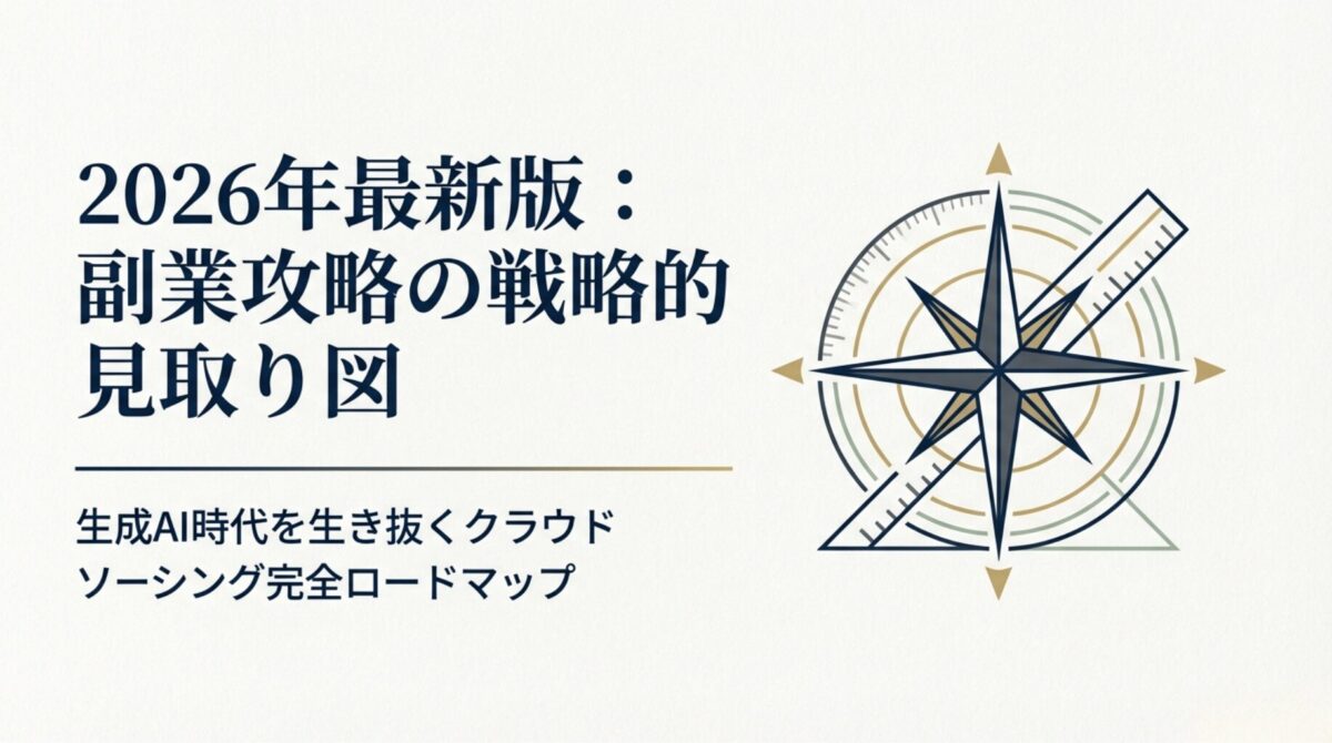 2026年の副業攻略と生成AI時代のクラウドソーシング完全ロードマップの表紙。コンパスと定規のアイコン。