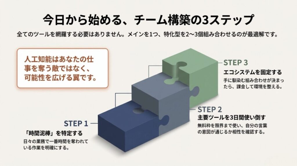 STEP1「時間泥棒の特定」、STEP2「3日間の使い倒し」、STEP3「エコシステムの固定」を示すロードマップ。