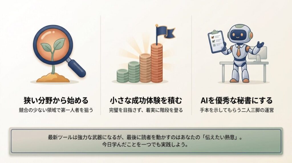 狭い分野から始める、小さな成功を積む、AIを優秀な秘書にするという3つの成功のコツをまとめた図。