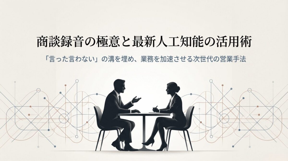 男性と女性がテーブルを挟んで商談をしているシルエット画像。AIとビジネス録音をテーマにしたタイトル。