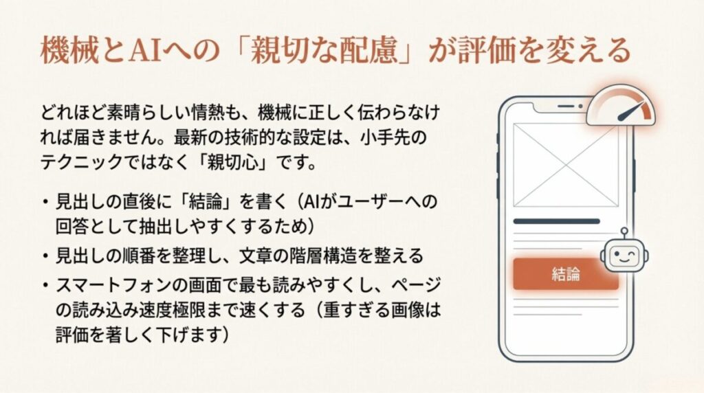 結論を先に書く、論理的な階層構造、モバイル速度の最適化など、AIとユーザー双方に配慮した設計のポイント。
