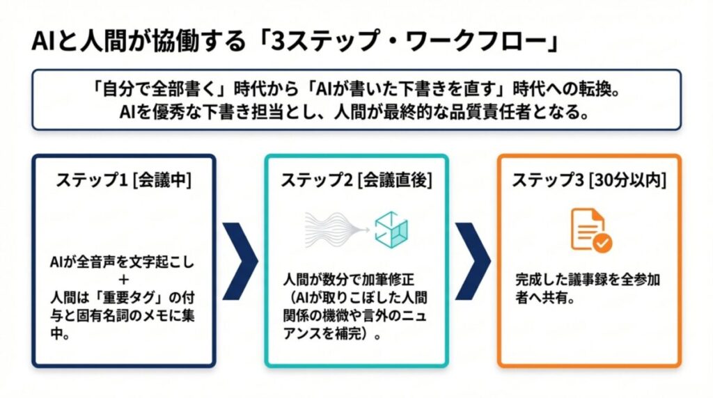 会議中のAI記録、直後の人間による修正、30分以内の共有という、AI時代の効率的な議事録作成手順