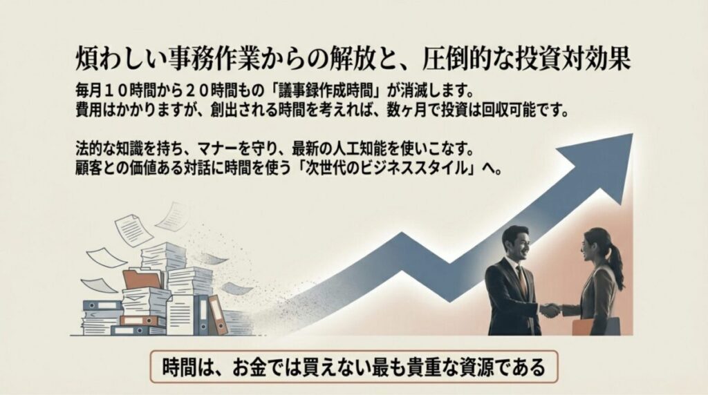 山積みの書類が整理されるイメージ。時間は買えない貴重な資源であり、AI活用が次世代のスタイルであることを示すまとめ。