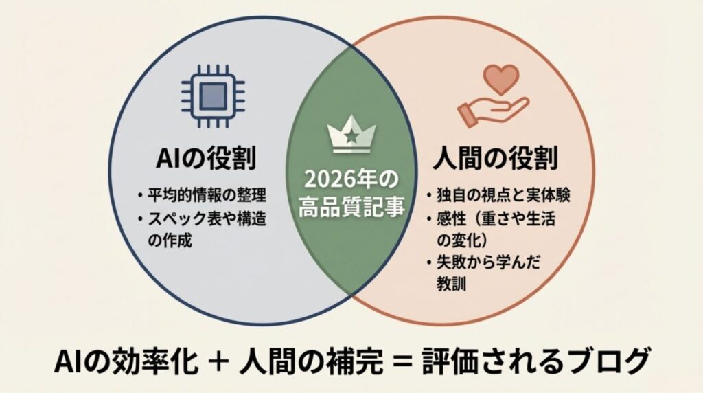 AI(情報整理・スペック作成)と人間(体験・感性・教訓)の役割分担を示すベン図。
