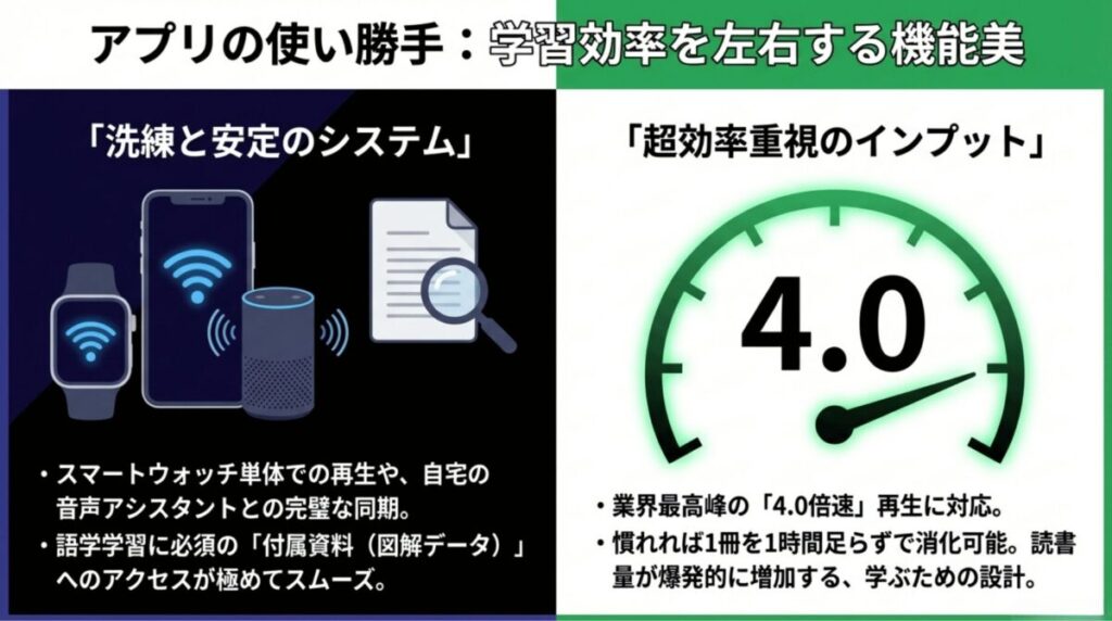 Audibleの洗練されたシステムと、オトバンク版の業界最高峰4.0倍速再生による学習効率を比較したスライド