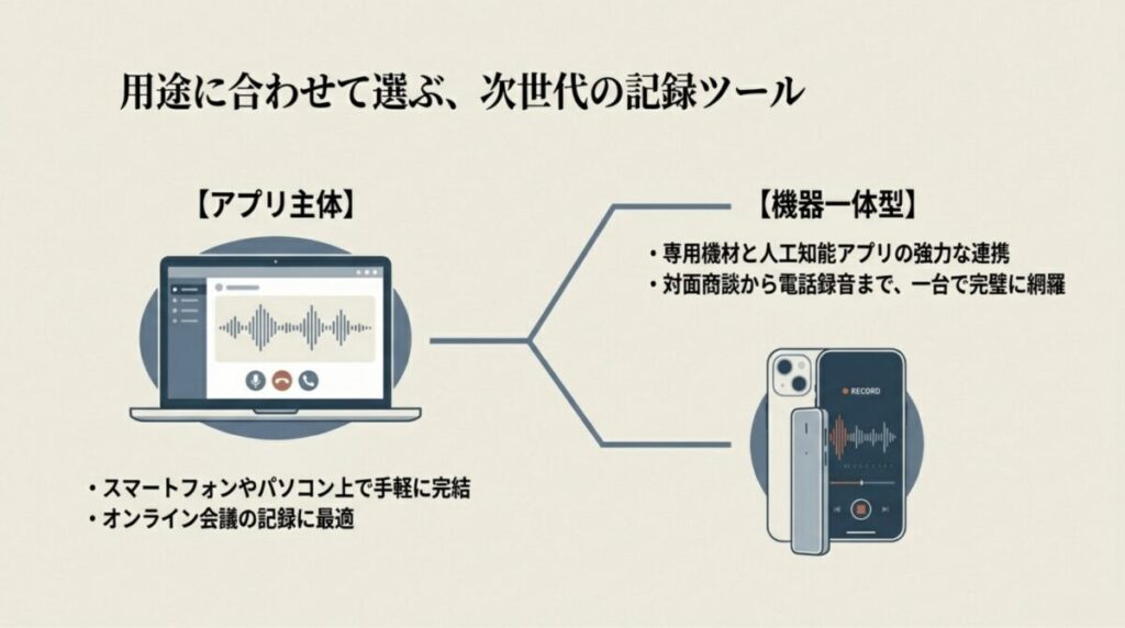 オンライン会議に適したアプリ主体型と、対面・電話録音に強い機器一体型の比較図。