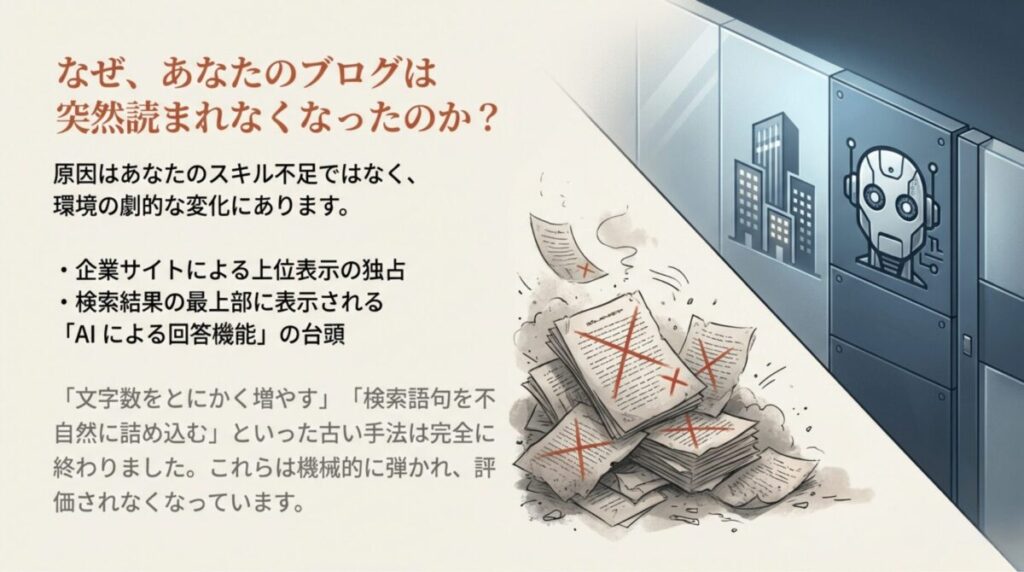企業サイトの独占とAI回答機能（AIO）の台頭により、古いSEO手法が通用しなくなった現状を解説する図解。
