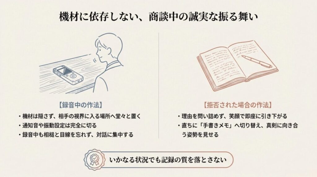 レコーダーを視界に入る場所に置くなどの録音中のマナーと、拒否された際に即座に手書きメモに切り替える作法の解説。