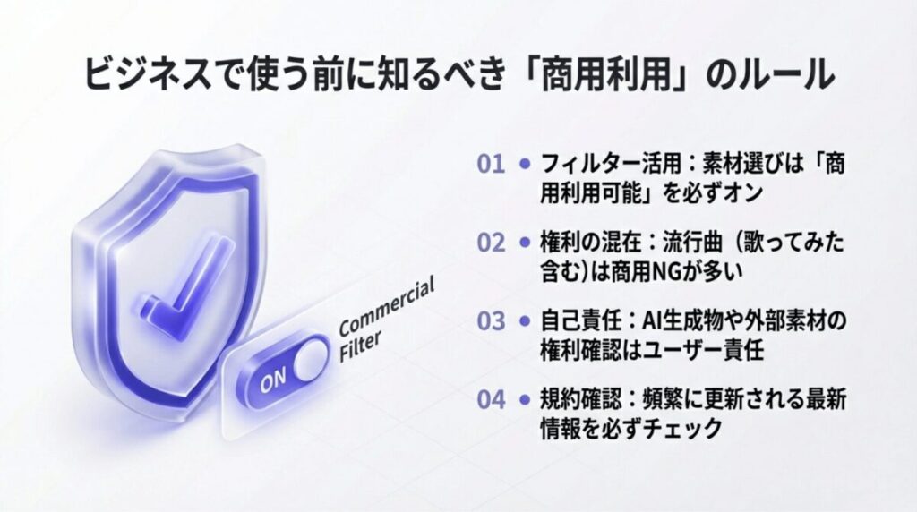 商用利用可能フィルターの活用、権利の混在への注意、自己責任の原則、規約確認の重要性を示すスライド