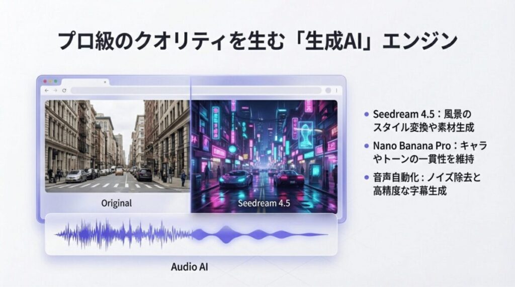 スタイル変換のSeedream 4.5、一貫性を維持するNano Banana Pro、音声自動化機能の解説