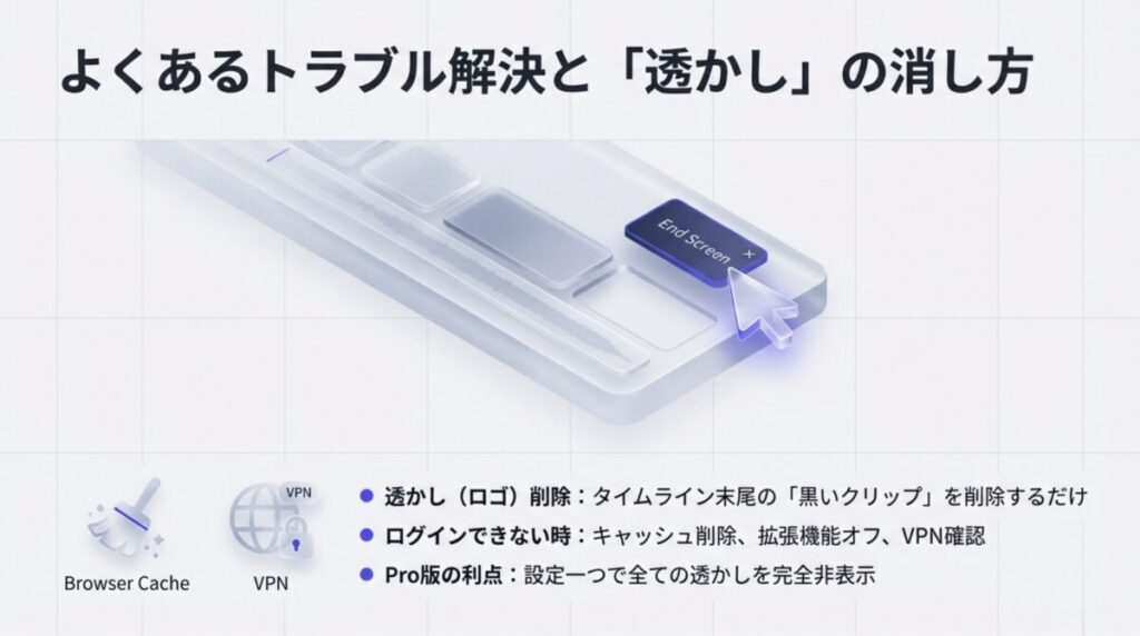 タイムライン末尾の黒いクリップ削除による透かし消去法と、ログインできない時の対処法(キャッシュ削除等)