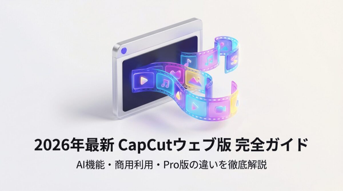 2026年最新のCapCutウェブ版完全ガイドのタイトルスライド。AI機能や商用利用についての解説を含む