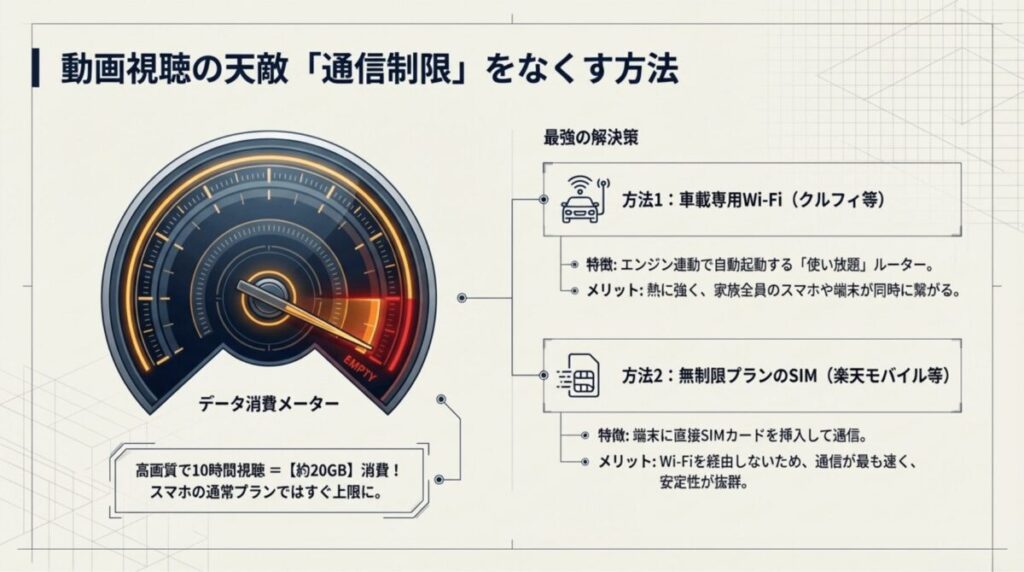 車載専用Wi-Fiと無制限プランSIMの比較、および高画質10時間視聴で約20GB消費するというデータ消費の目安。