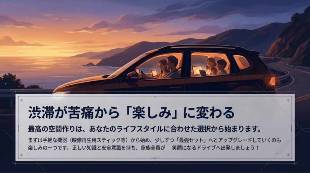 家族全員が笑顔になるドライブへの出発を促すメッセージスライド。