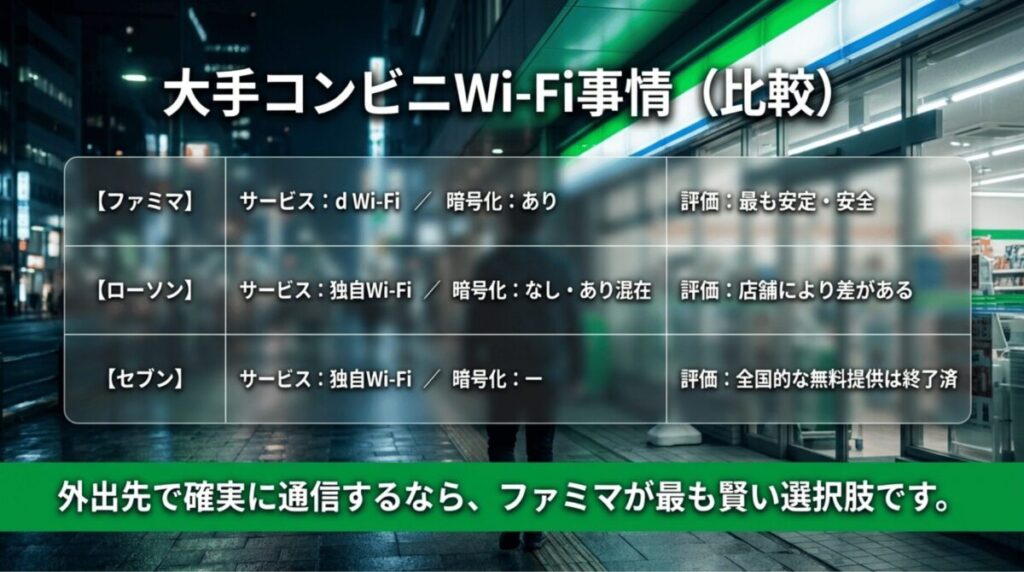 ファミリーマート、ローソン、セブン-イレブンのWi-Fiについて、主なサービス名、暗号化の有無、使い勝手の評価を比較表形式でまとめたスライド。