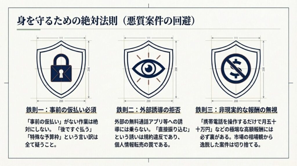 事前の仮払い必須、外部誘導の拒否、非現実的な高額報酬の無視という、クラウドソーシングでトラブルを避けるための絶対法則。