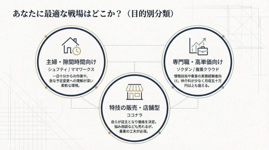 主婦向けのシュフティ、専門職向けのソクダン、特技販売のココナラなど、利用者の目的や属性に合わせたサイト選びの分類図。