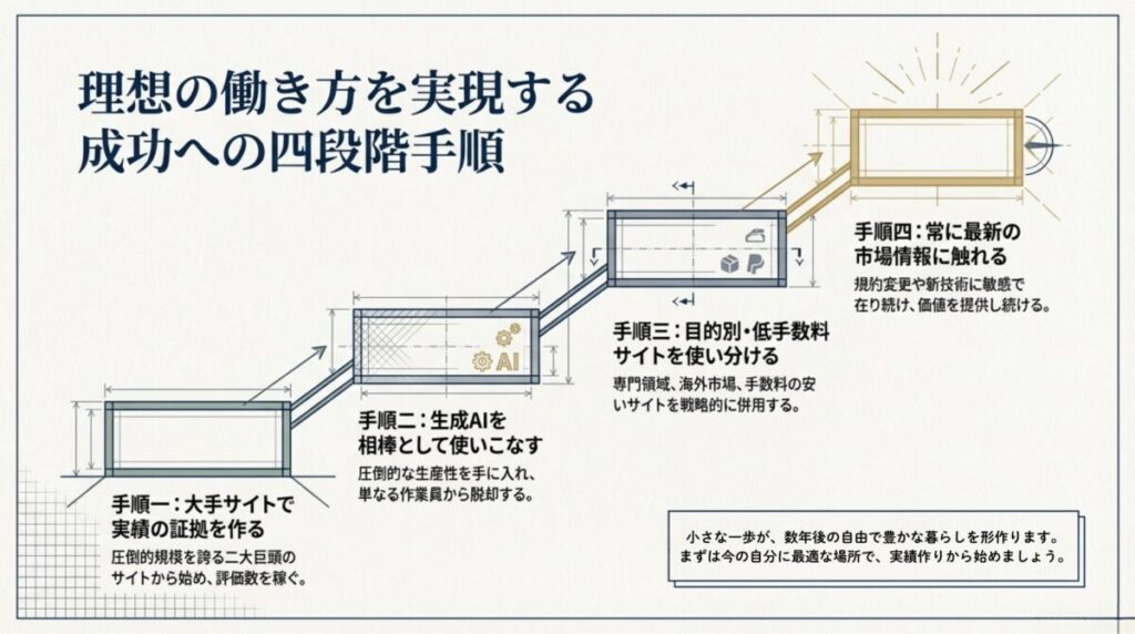 実績作りからAI活用、サイトの使い分け、最新情報の収集まで、クラウドソーシングで成功するためのステップバイステップのロードマップ。