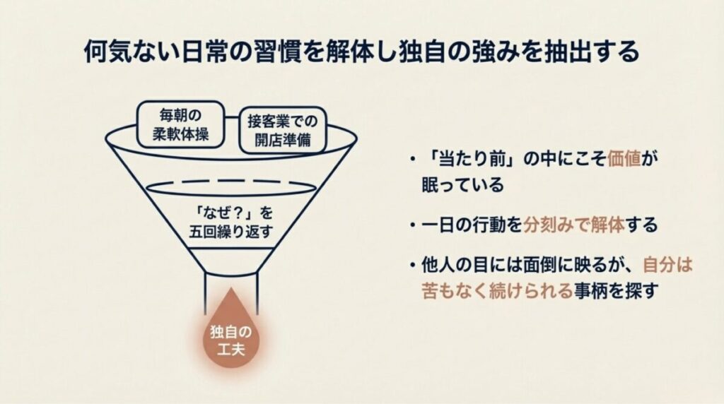 柔軟体操や開店準備などの日常習慣を「なぜ？」と5回繰り返すことで、独自の工夫を抽出するプロセスを描いたスライド。