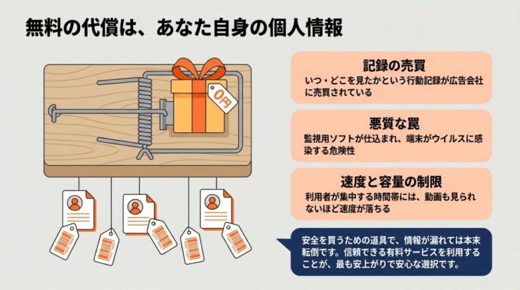 ネズミ捕りの仕掛けに「0円」のギフトが置かれたイラスト。個人情報の売買やウイルス感染、速度制限などの代償を警告。