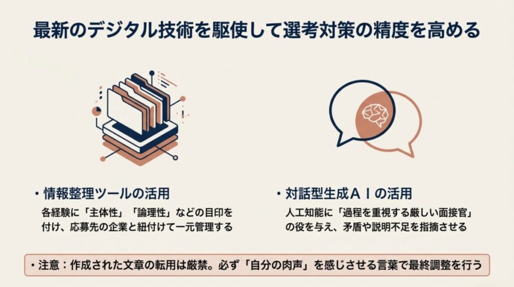 Notionによる情報整理とChatGPTによる模擬面接の活用法を示し、選考対策の精度を高める方法を解説するスライド。