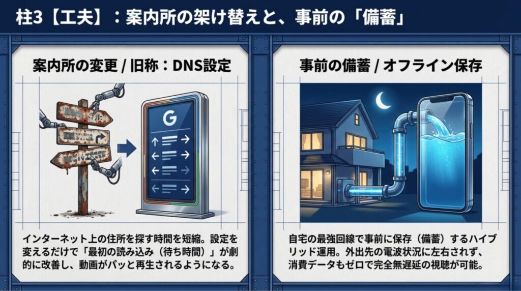 インターネットの案内所(DNS)の設定変更による読み込み短縮と、自宅の回線で事前に動画を保存しておく備蓄運用のメリットを説明する図解