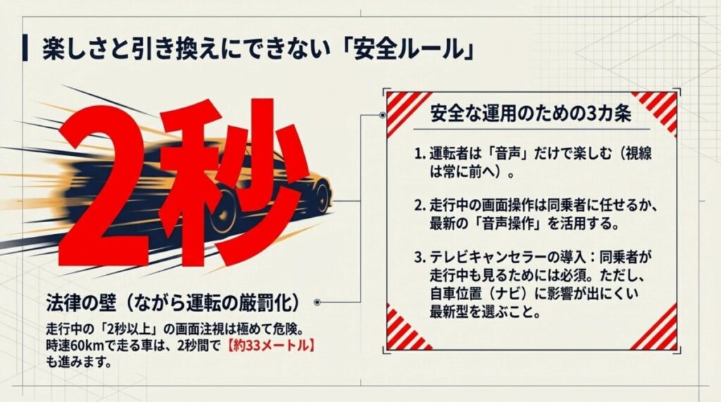 時速60kmで2秒間に進む距離（約33m）の解説と、安全な運用のための3カ条（音声操作の活用など）。