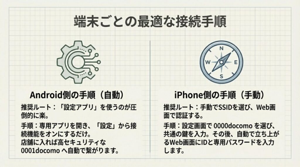 Androidの自動接続ルートとiPhoneの手動接続ルートを比較した手順説明