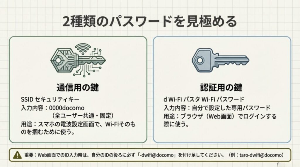 SSIDセキュリティキーとd Wi-Fiパスワードの入力内容と用途の違いを解説したイラスト