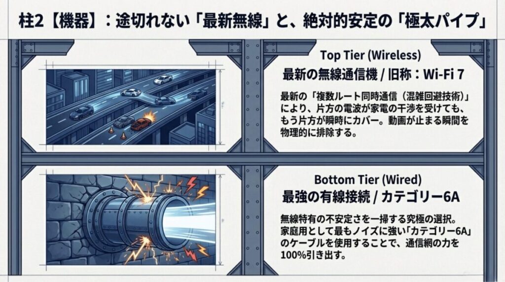 複数ルート同時通信が可能な最新のWi-Fi 7ルーターと、ノイズに強く安定した通信を可能にするカテゴリー6Aの有線LAN接続の解説図解