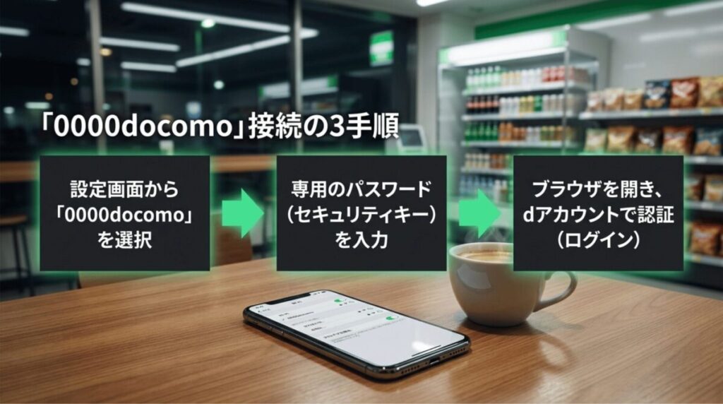 0000docomo接続の流れとして、SSID選択、専用パスワード入力、ブラウザでのdアカウント認証を3段階で示したスライド。