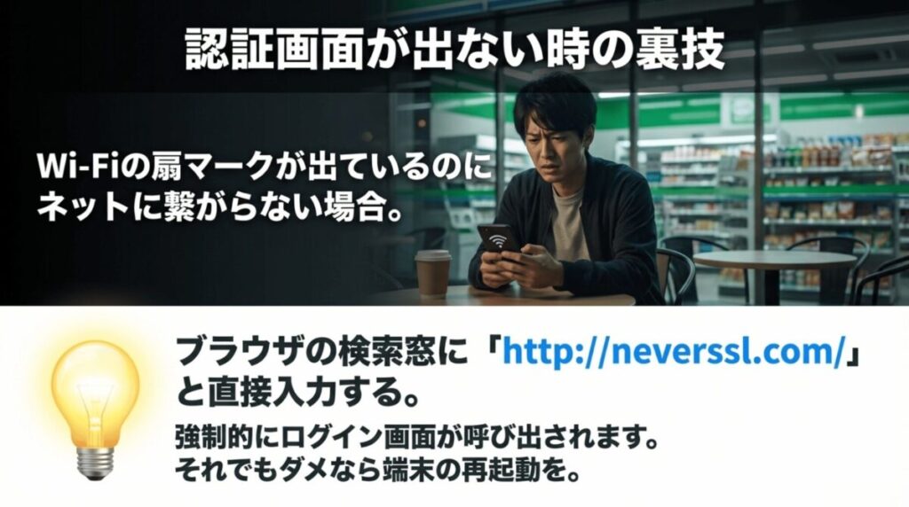 Wi-Fiにはつながっているのにネットが使えない場面を示し、ブラウザでneverssl.comを開いてログイン画面を呼び出す方法を紹介したスライド。