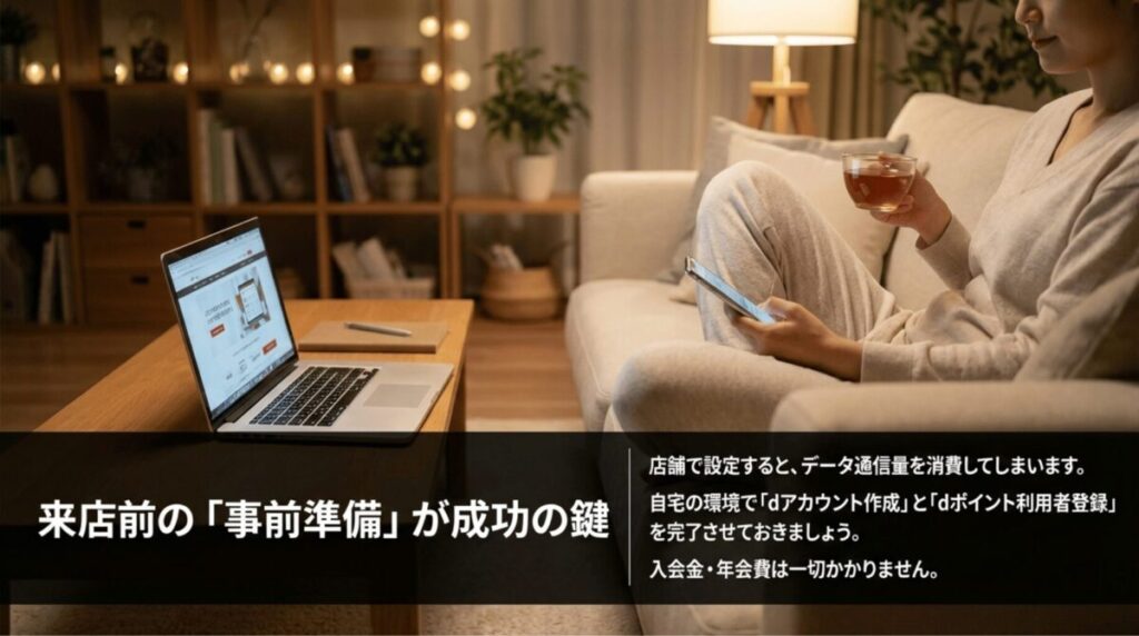 自宅でスマホとノートPCを使う人物の写真に、来店前にdアカウント作成とdポイント利用者登録を済ませる重要性を示したスライド。