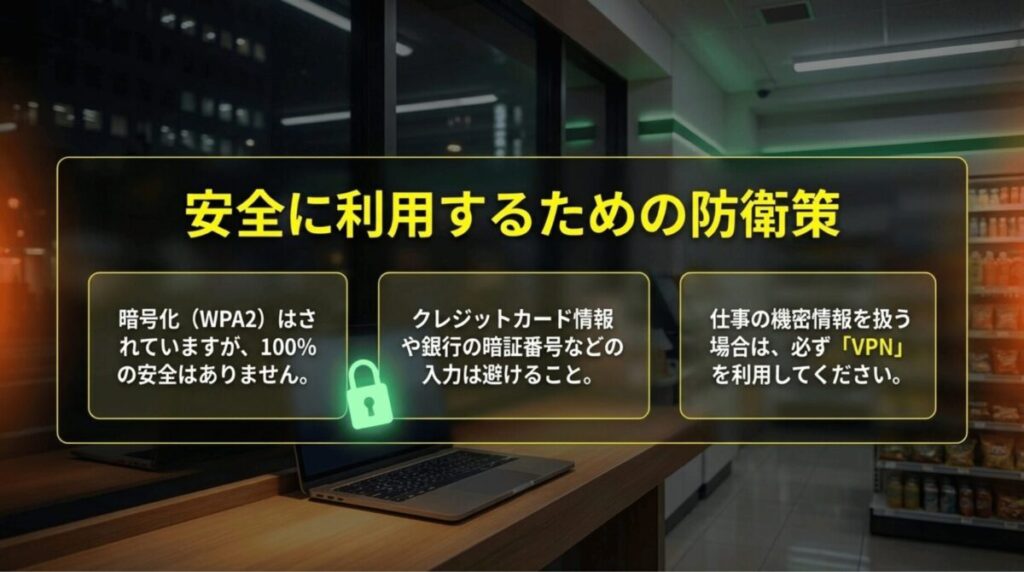WPA2暗号化があっても過信しないこと、クレジットカード情報入力を避けること、機密情報を扱う場合はVPNを使うことを示したスライド。