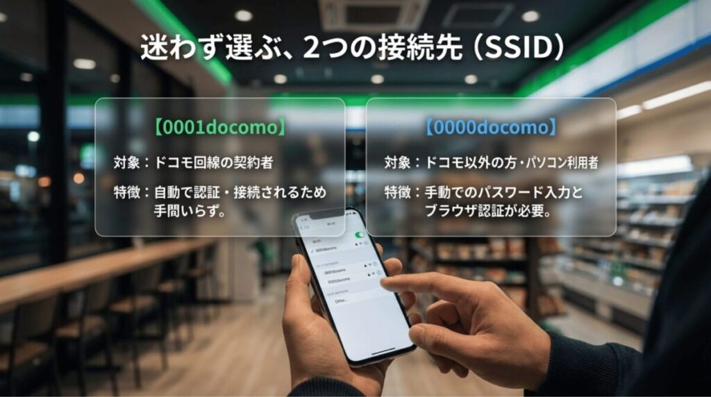 ファミマ店内でスマホのWi-Fi設定画面を開いたイメージとともに、0001docomoはドコモ回線契約者向け、0000docomoはドコモ以外やPC利用者向けと比較したスライド。
