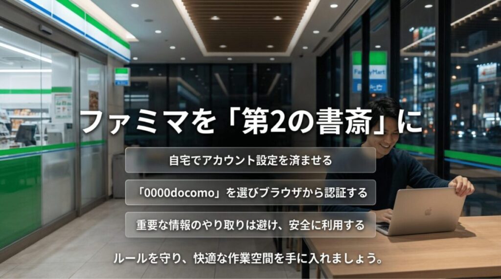 ファミマ店内でノートPCを使う人物を背景に、事前設定、0000docomo選択と認証、安全利用の3ポイントをまとめた総括スライド。