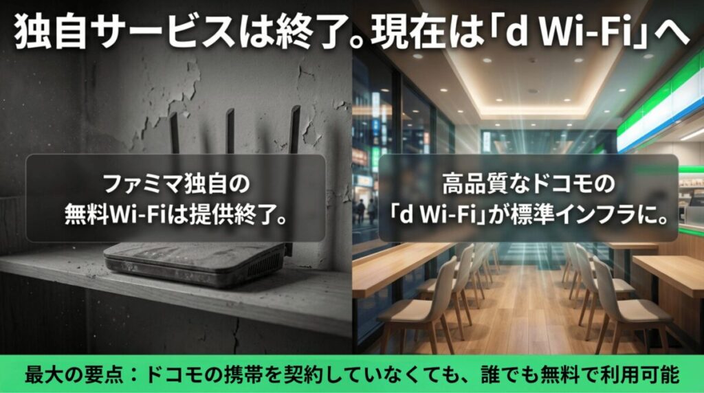 古い独自Wi-Fiの終了と、ファミリーマートでd Wi-Fiが標準インフラになったことを左右の対比で示したスライド。