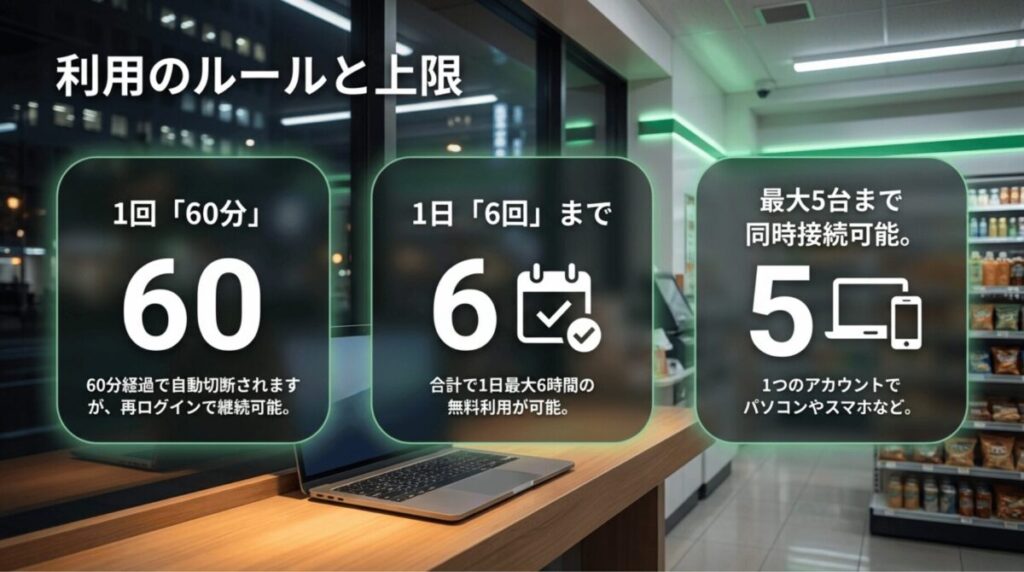 d Wi-Fiの利用ルールとして、1回60分、1日6回まで、最大5台同時接続可能という上限を大きな数字で示したスライド。