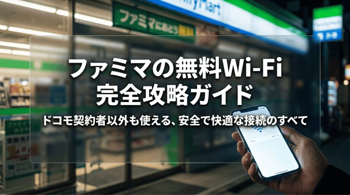 夜のファミリーマート店頭を背景に、スマホを持つ手元と「ファミマの無料Wi-Fi完全攻略ガイド」のタイトルを大きく表示した表紙スライド。
