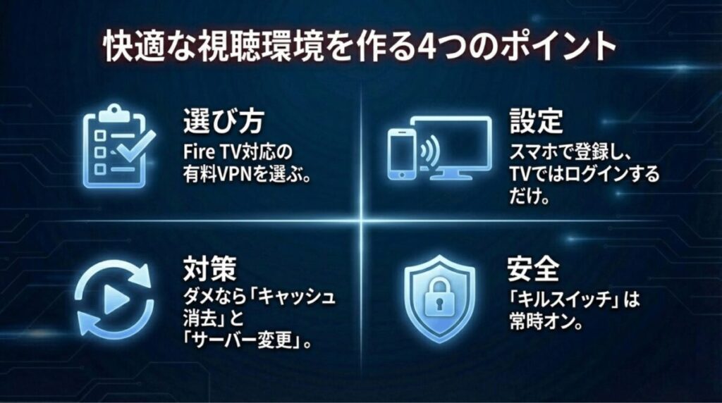 選び方、設定、トラブル対策、安全性の4つの観点からまとめた快適な視聴環境づくりのポイント。